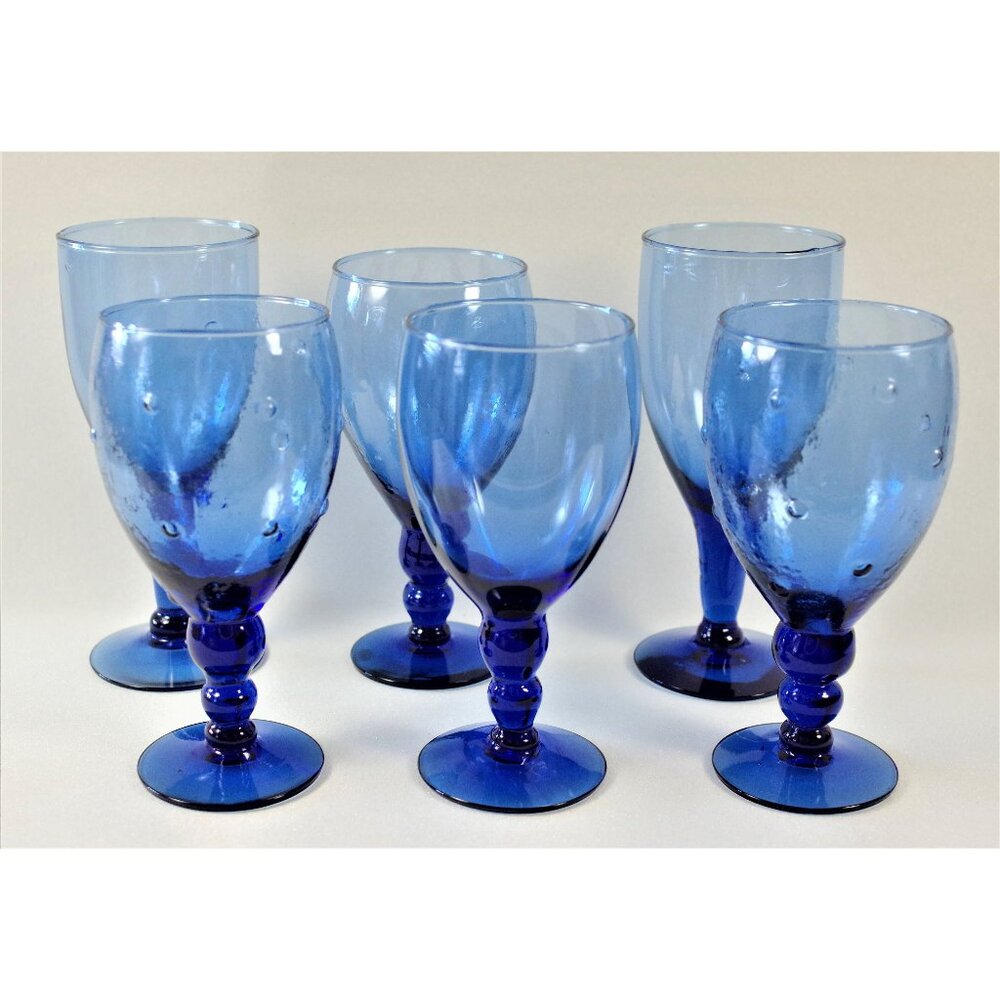 Set of 6 Cobalt Blue Water Goblets Handblown Wine Glasses Hobnail Texture